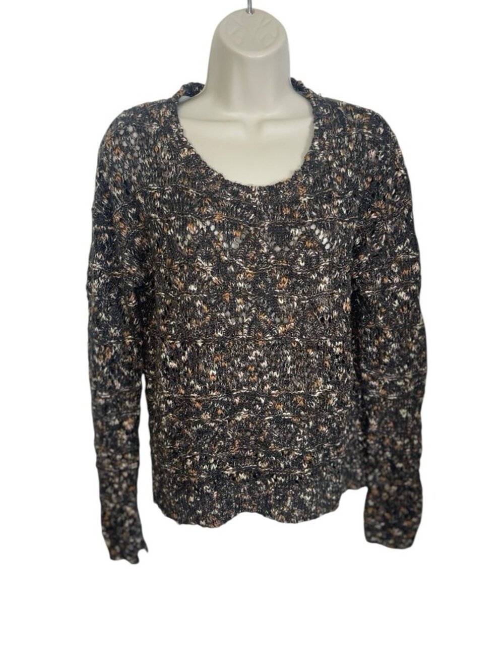 HINGE Women's Size Small Open Knit Brown Marl Flecked Long Sleeve Sweater READ